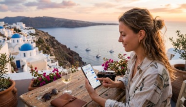 Vrouw bekijkt Google Newsfeed terwijl ze geniet van een glas wijn in Santorini