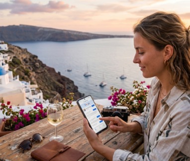 Vrouw bekijkt Google Newsfeed terwijl ze geniet van een glas wijn in Santorini