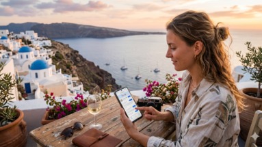 Vrouw bekijkt Google Newsfeed terwijl ze geniet van een glas wijn in Santorini