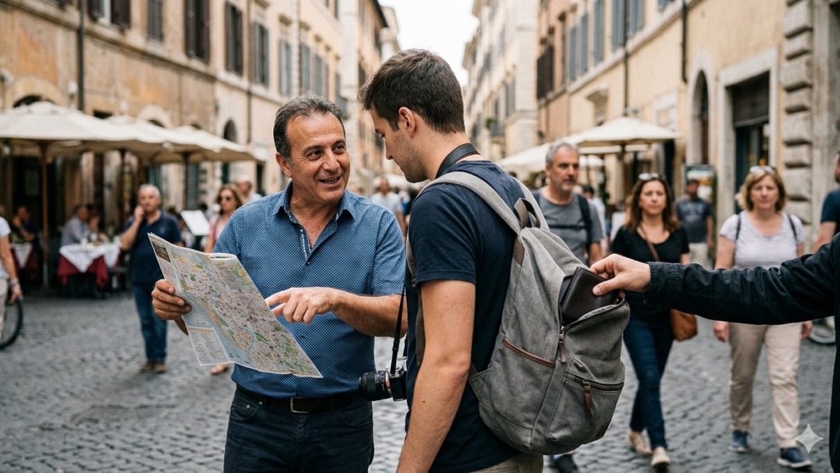 Toerist in Italië wordt gezakkenrold terwijl een man met een kaart hem afleidt