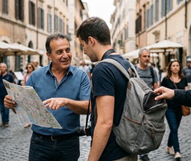 Toerist in Italië wordt gezakkenrold terwijl een man met een kaart hem afleidt