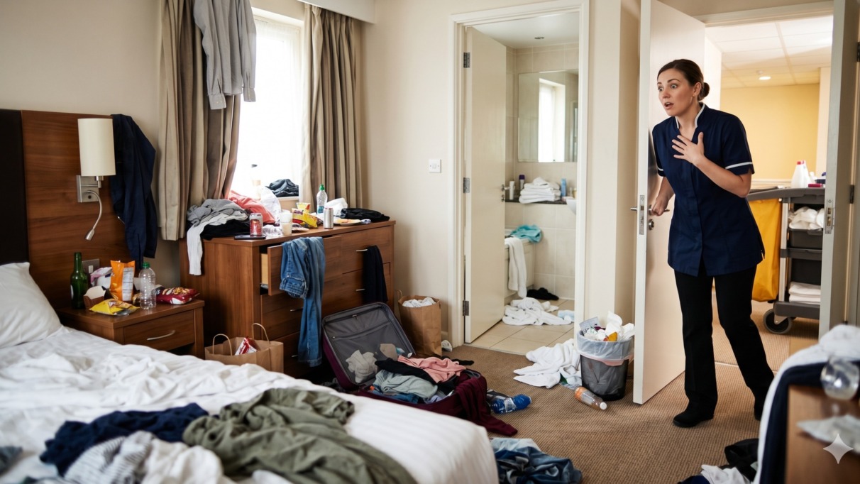 Schoonmaakster in hotel schrikt van de achtergelaten rommel