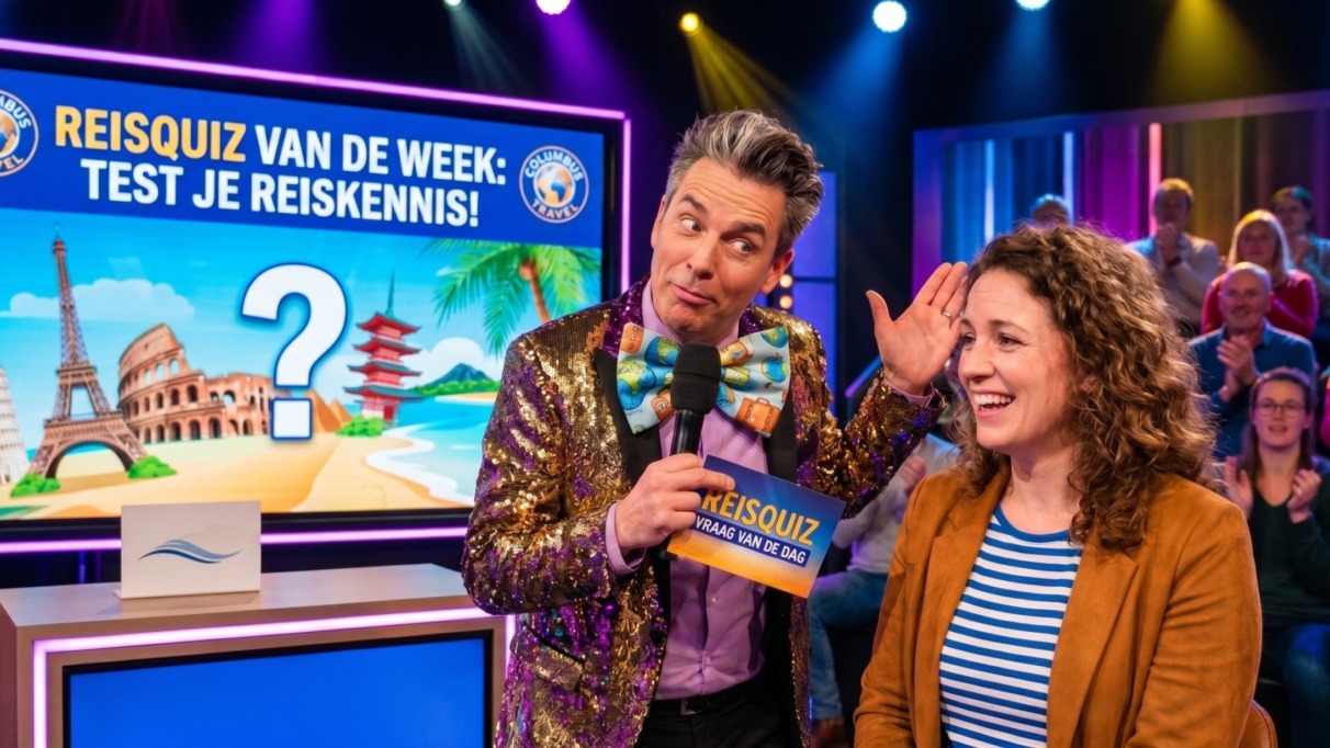 Quizmaster speelt met deelnemer de Columbus travel reisquiz van de week
