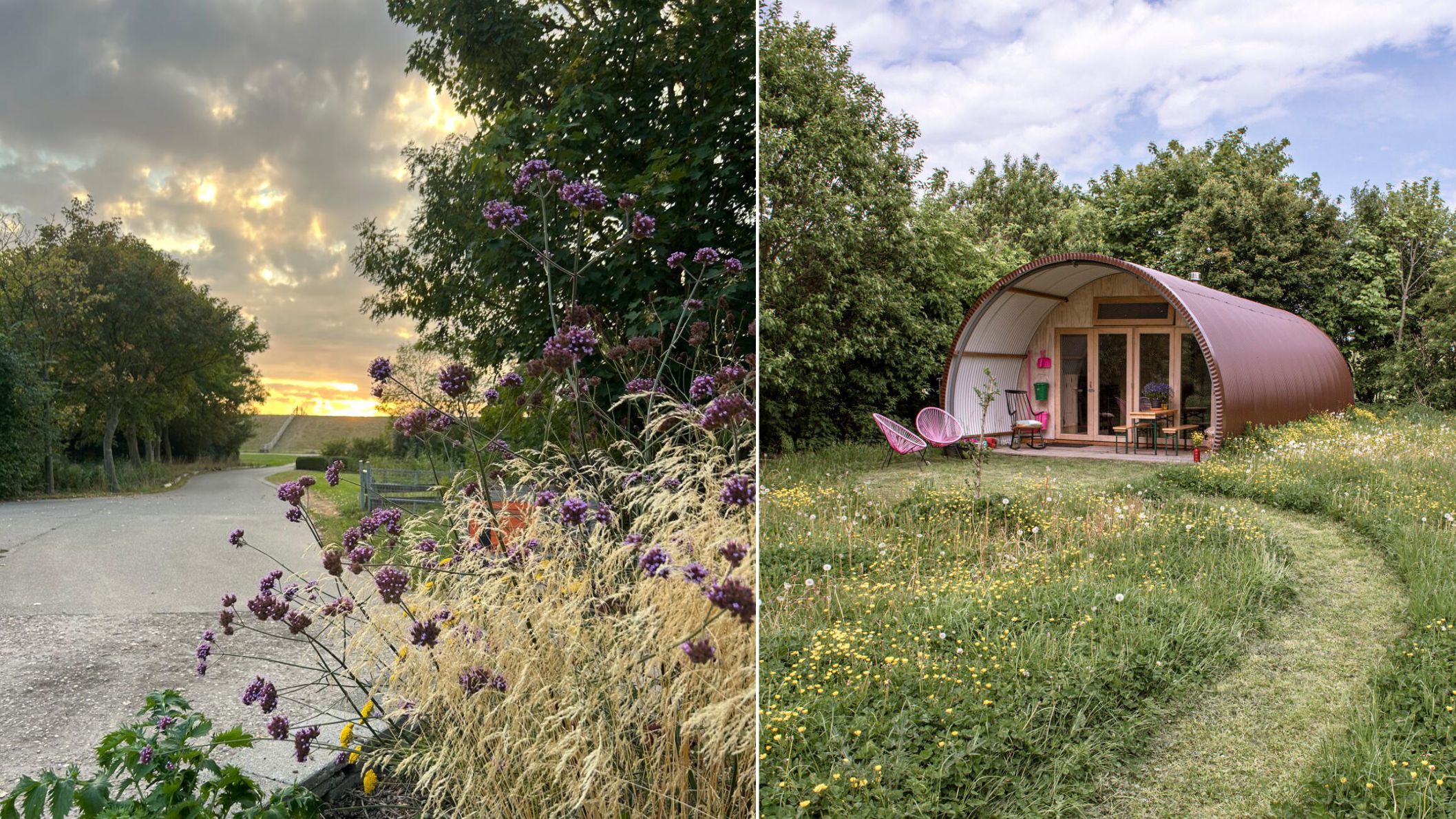 Collage van een zonsondergang achter een bloeiende berm en een unieke ronde design-accommodatie in een groen veld.