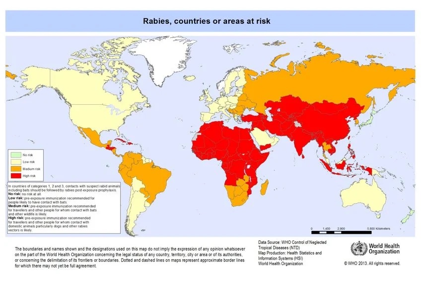 Rabiës komt wereldwijd voor in meer dan 150 landen, met name in delen van Azië (waarbij het Indiase subcontinent een berucht kerngebied is), Afrika, Midden-Amerika en Zuid-Amerika. Alleen Nieuw-Zeeland, Antarctica, grote delen van Oceanië en Japan zijn rabiësvrij. 