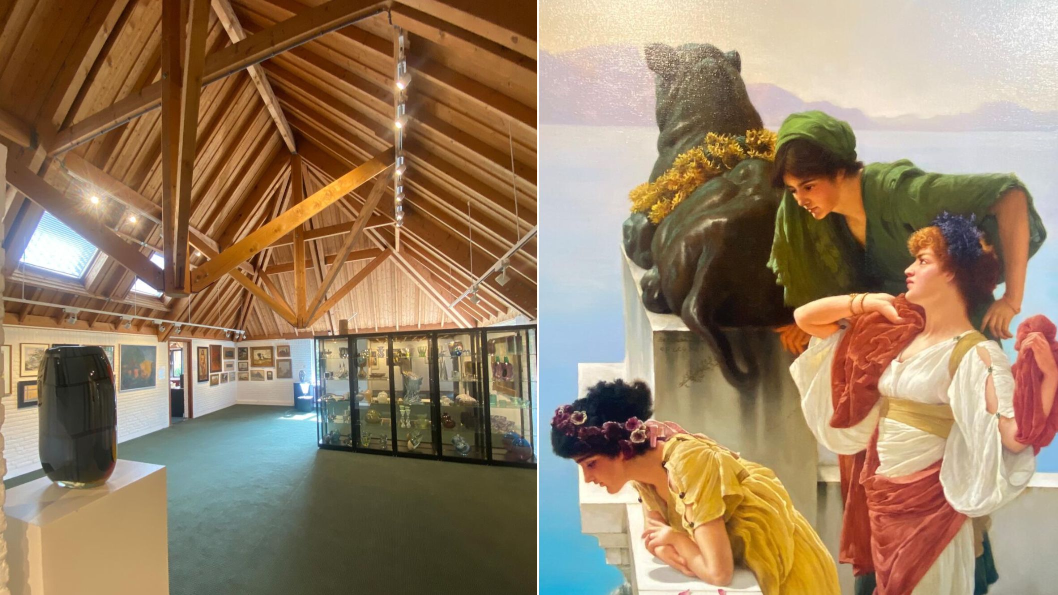 Tweeluik van de lichte museumzaal onder een houten dakconstructie en een close-up van een klassiek schilderij in het Museum Valse Kunst