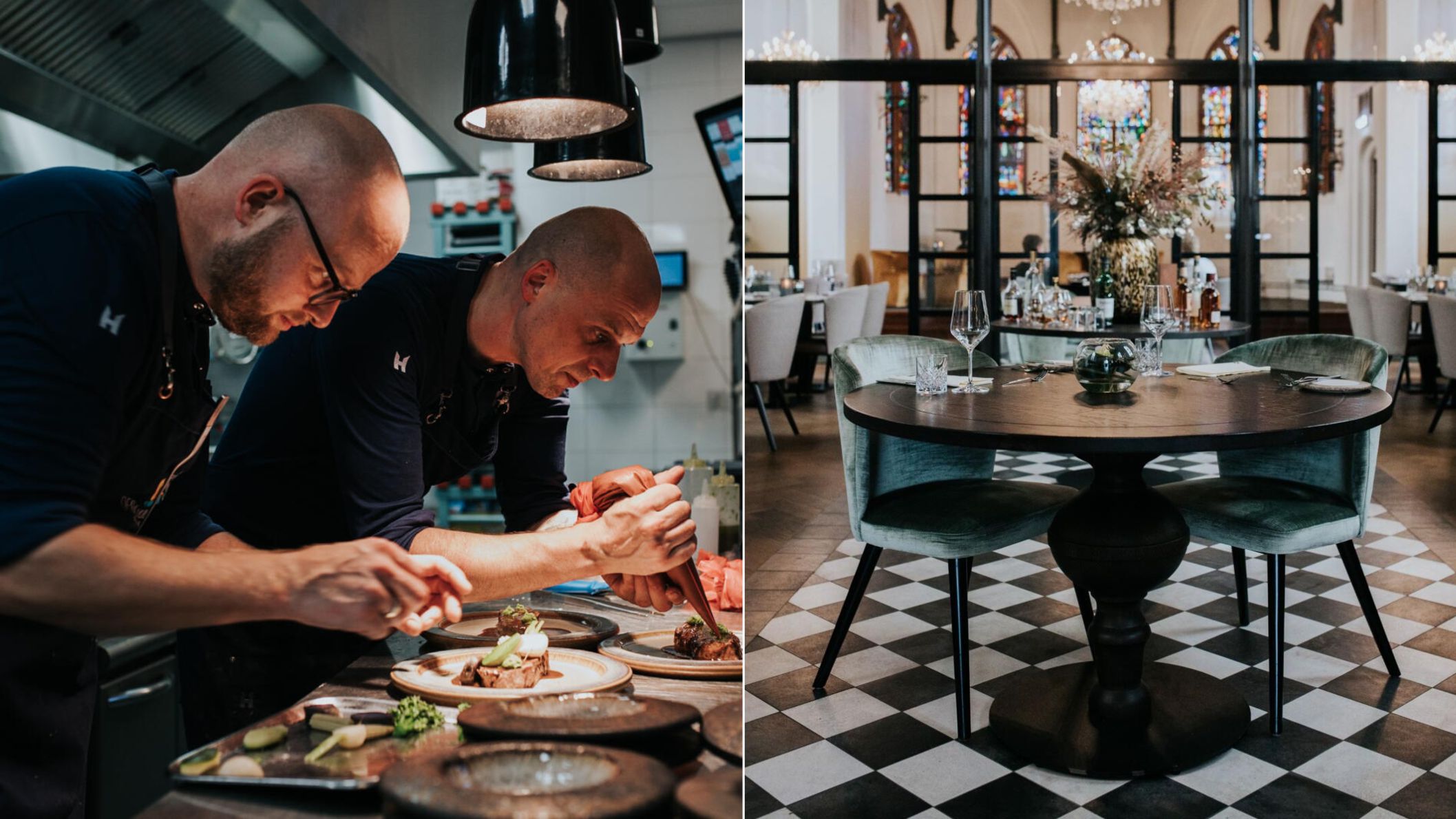 Tweeluik van chefs die secuur gerechten opmaken in de keuken en een gedekte ronde tafel in het sfeervolle interieur van Restaurant de Basiliek in Appingedam.