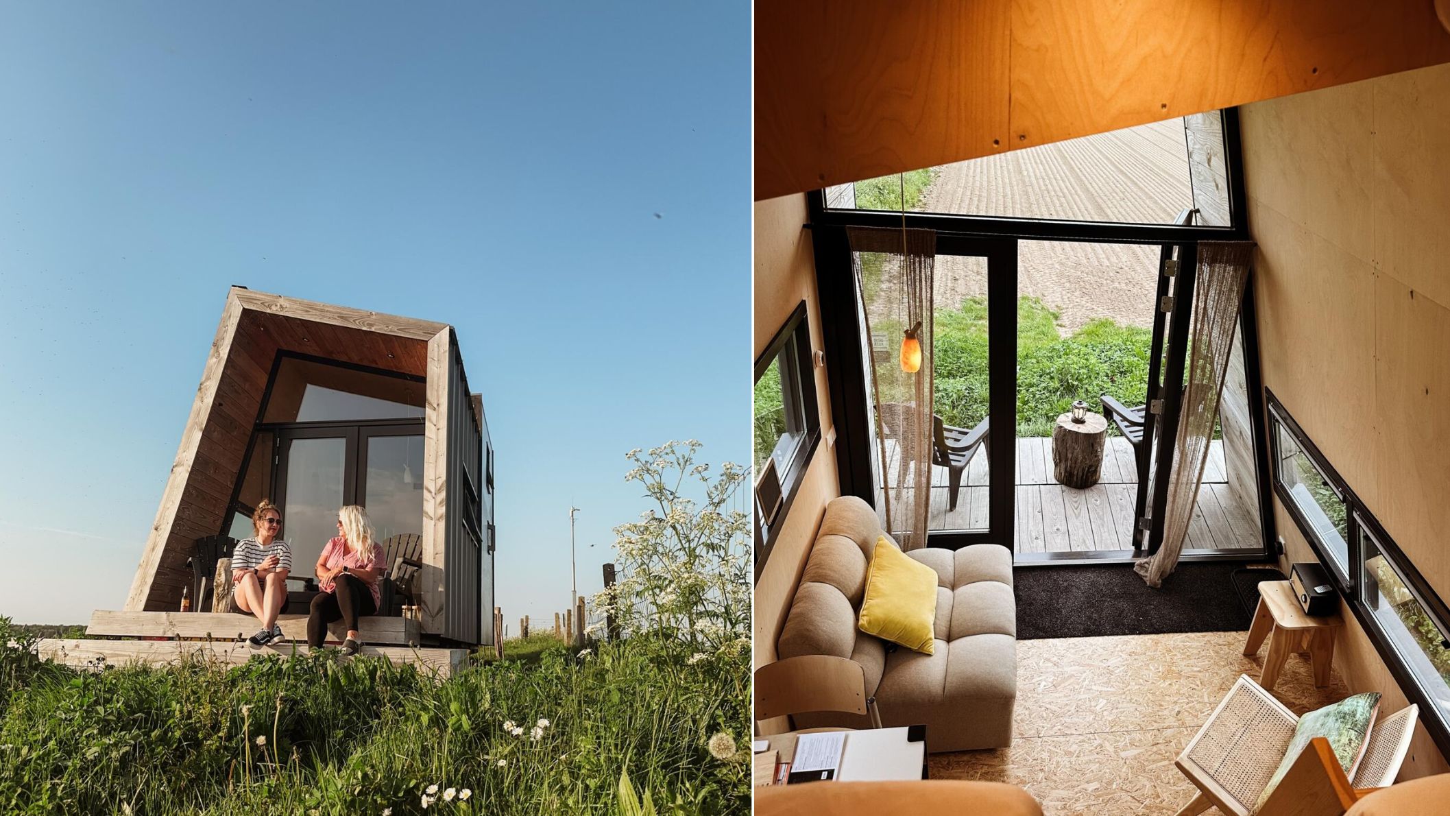 Twee vrouwen zitten op het terras van een moderne houten dijksuite met uitzicht over het polderlandschap bij Kraggenburg