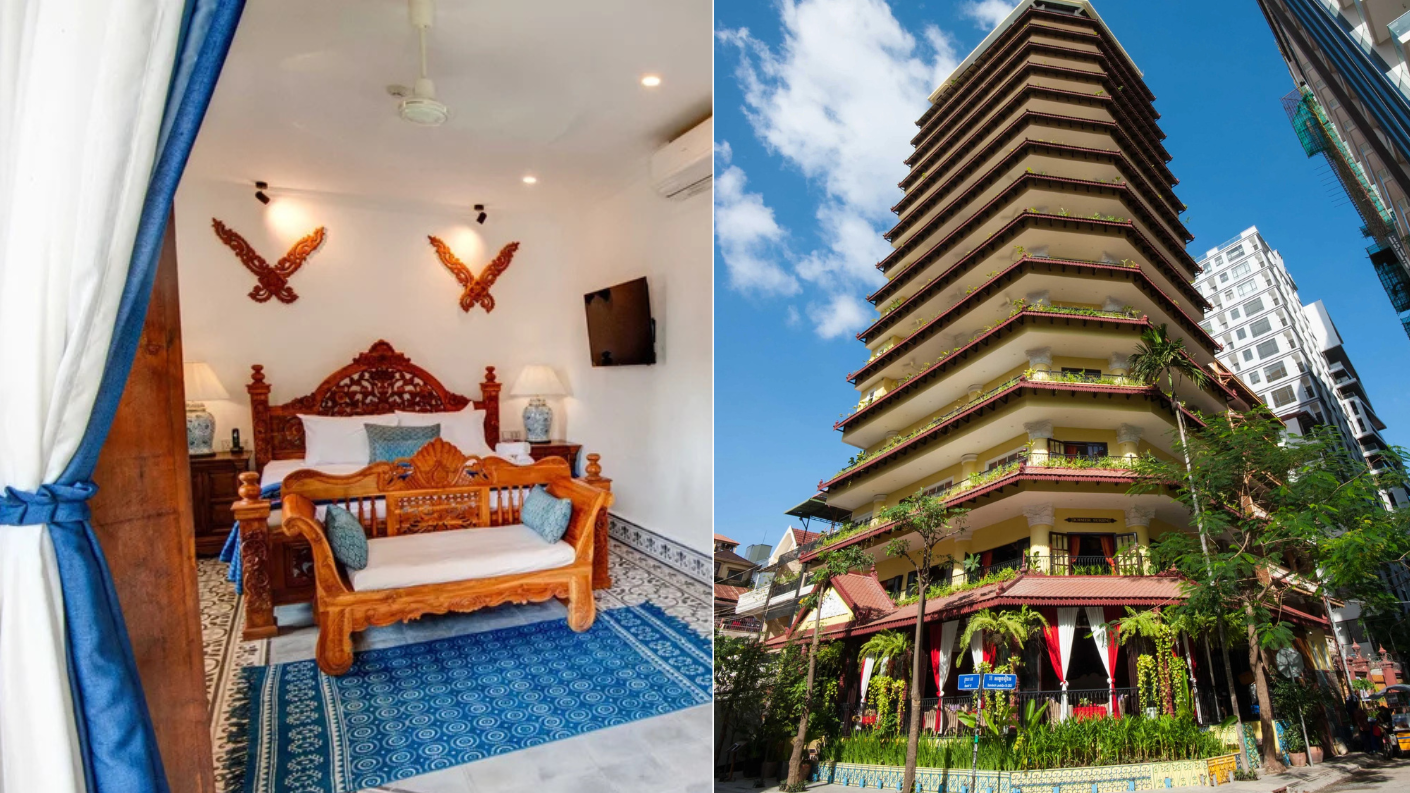 Hotelkamer en karakteristieke toren van een Khmer-stijl hotel in Phnom Penh