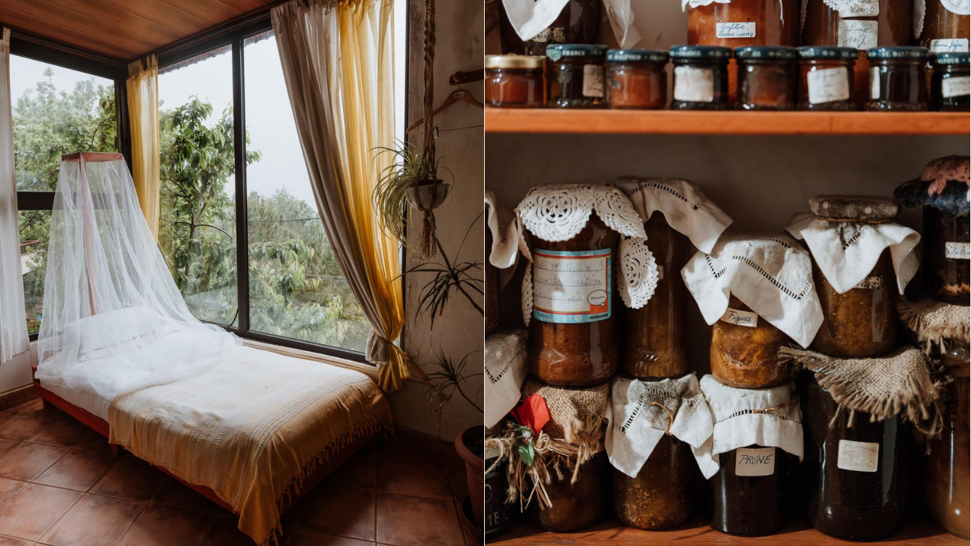 Sfeervolle kamer met uitzicht op de bergen en huisgemaakte jams en conserven in een bergdorp in Libanon