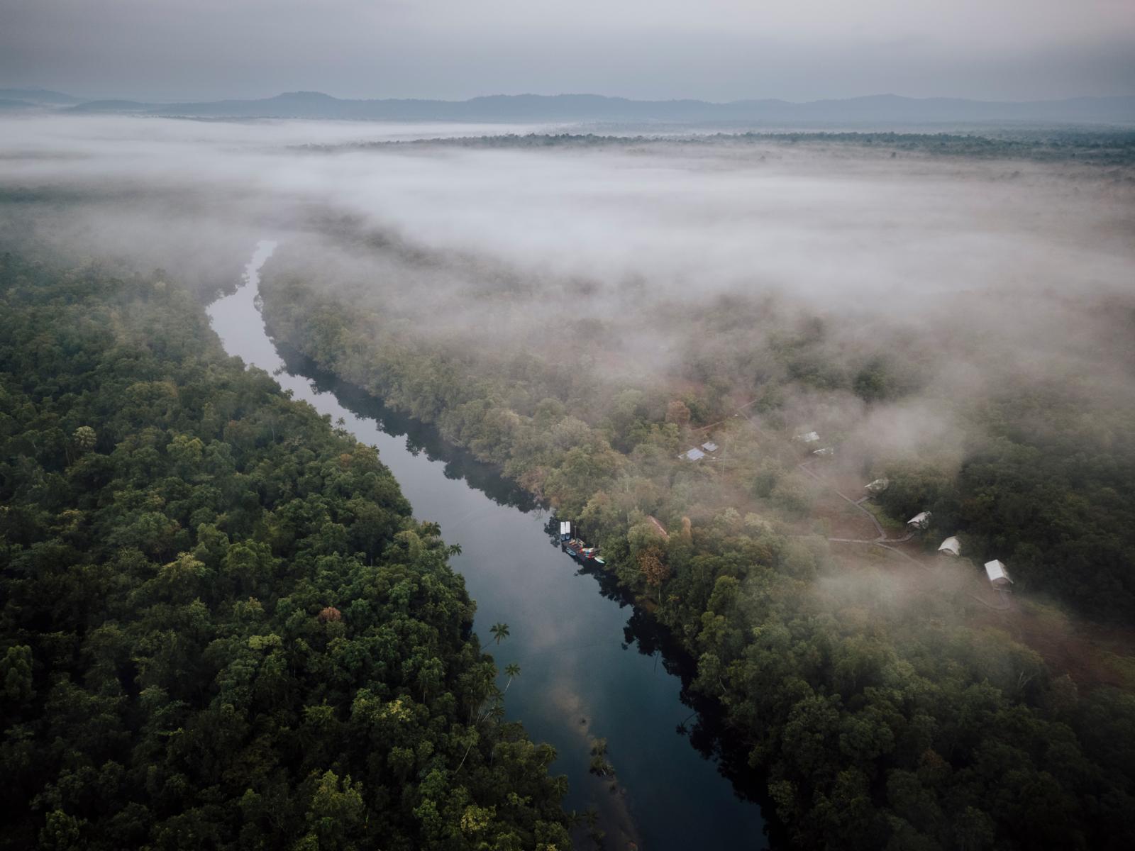 Mist boven de jungle en rivier bij Cardamom Tented Camp in de Cardamom Mountains van Cambodja