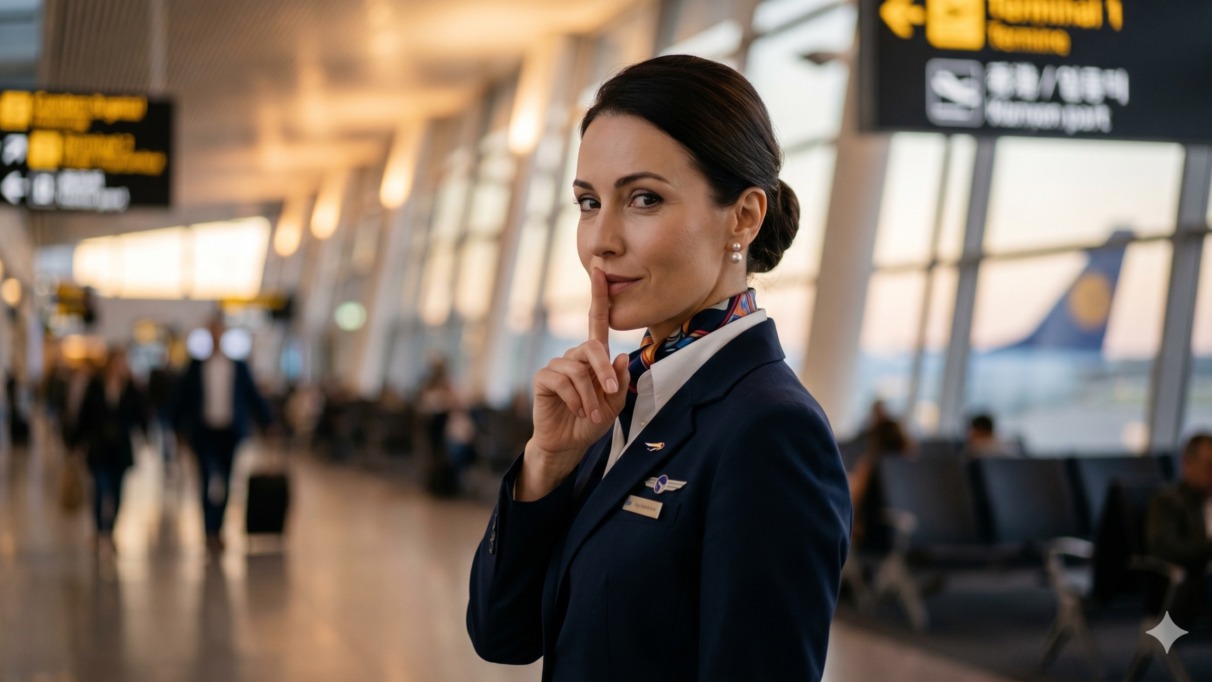 Stewardess op luchthaven gebaart dat je iets niet mag doorvertellen