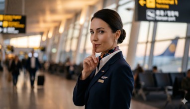 Stewardess op luchthaven gebaart dat je iets niet mag doorvertellen