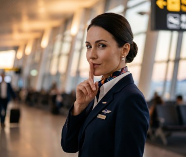 Stewardess op luchthaven gebaart dat je iets niet mag doorvertellen