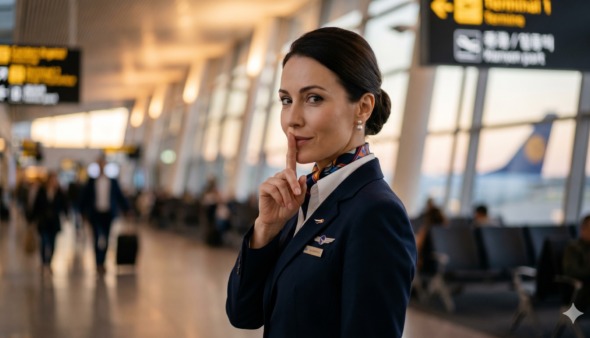 Stewardess op luchthaven gebaart dat je iets niet mag doorvertellen