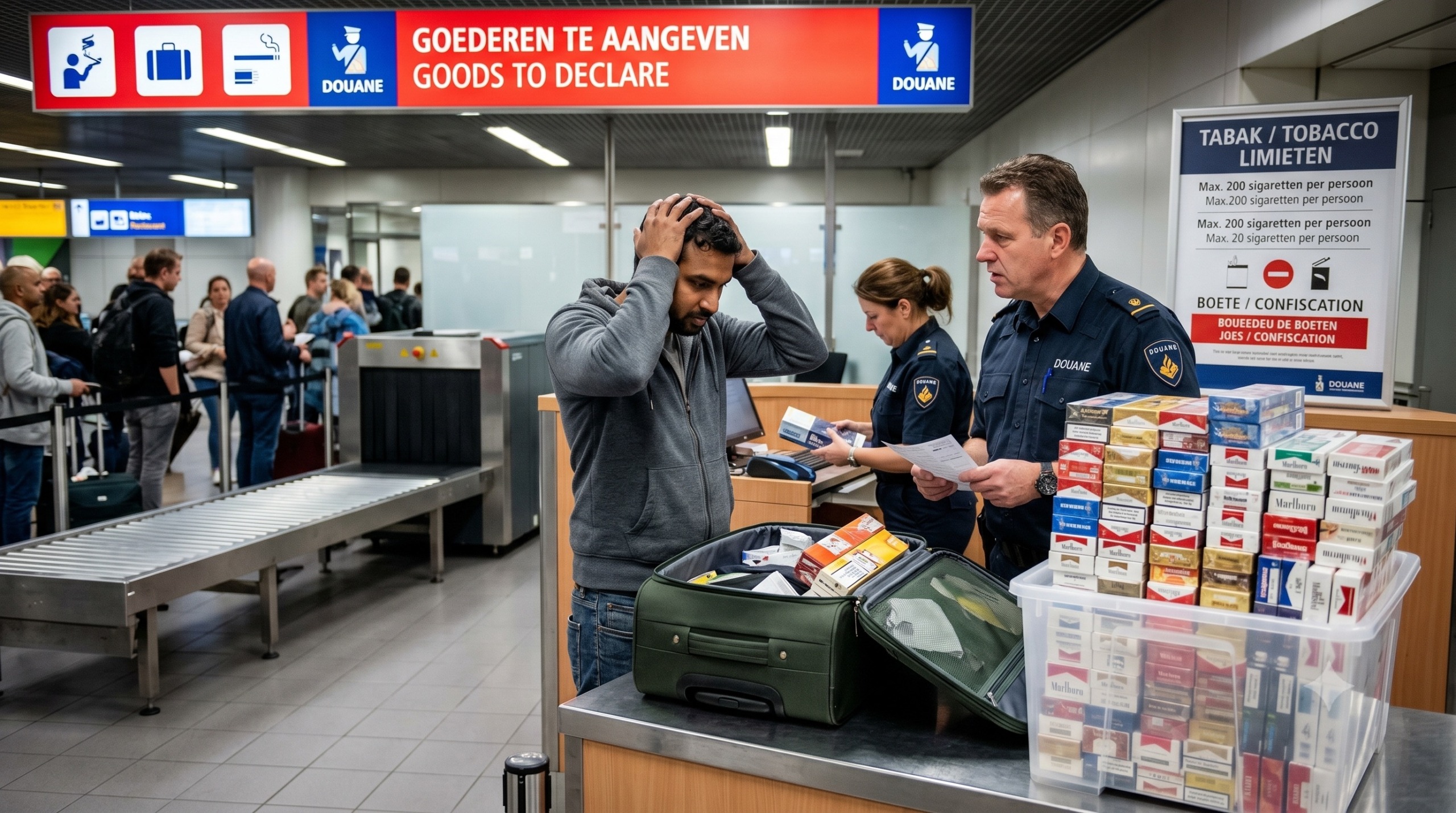 De douane hanteert strikte quota voor accijnsproducten zoals alcohol en tabak. Alles wat je daarboven meeneemt, wordt belast of in beslag genomen. Let op: je moet minimaal 17 jaar oud zijn om alcohol of tabak te mogen invoeren.