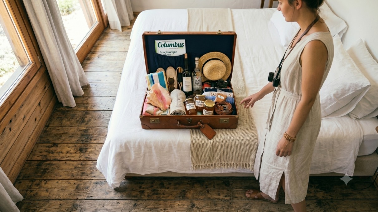 Vrouw bekijkt koffer vol illegale souvenirs in hotelkamer