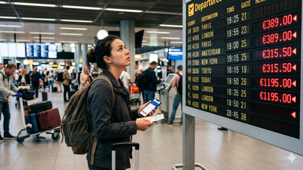 Vrouw kijkt naar departure-bord vol met dure vluchten