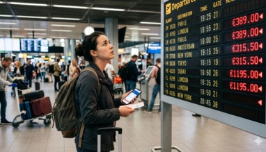 Vrouw kijkt naar departure-bord vol met dure vluchten