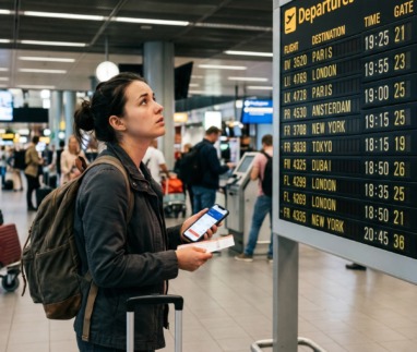 Vrouw kijkt naar departure-bord vol met dure vluchten