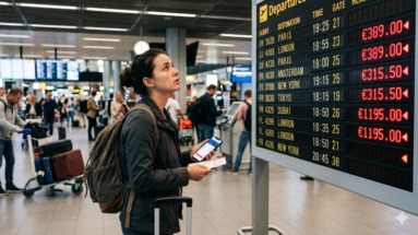 Vrouw kijkt naar departure-bord vol met dure vluchten