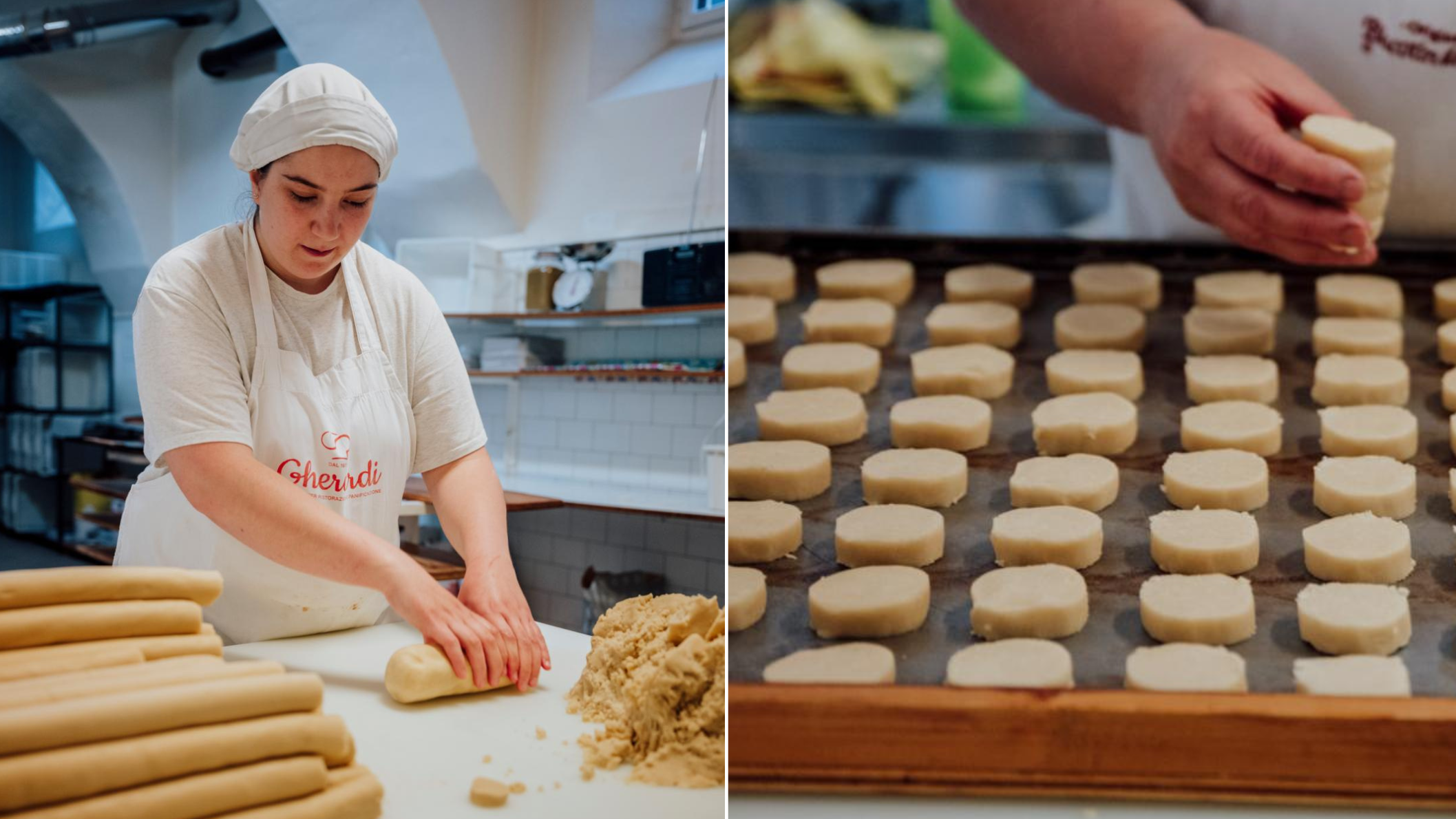 Bakker bereidt de beroemde biscottini di Prosto in een traditionele koekjesfabriek in Prosto, Valchiavenna