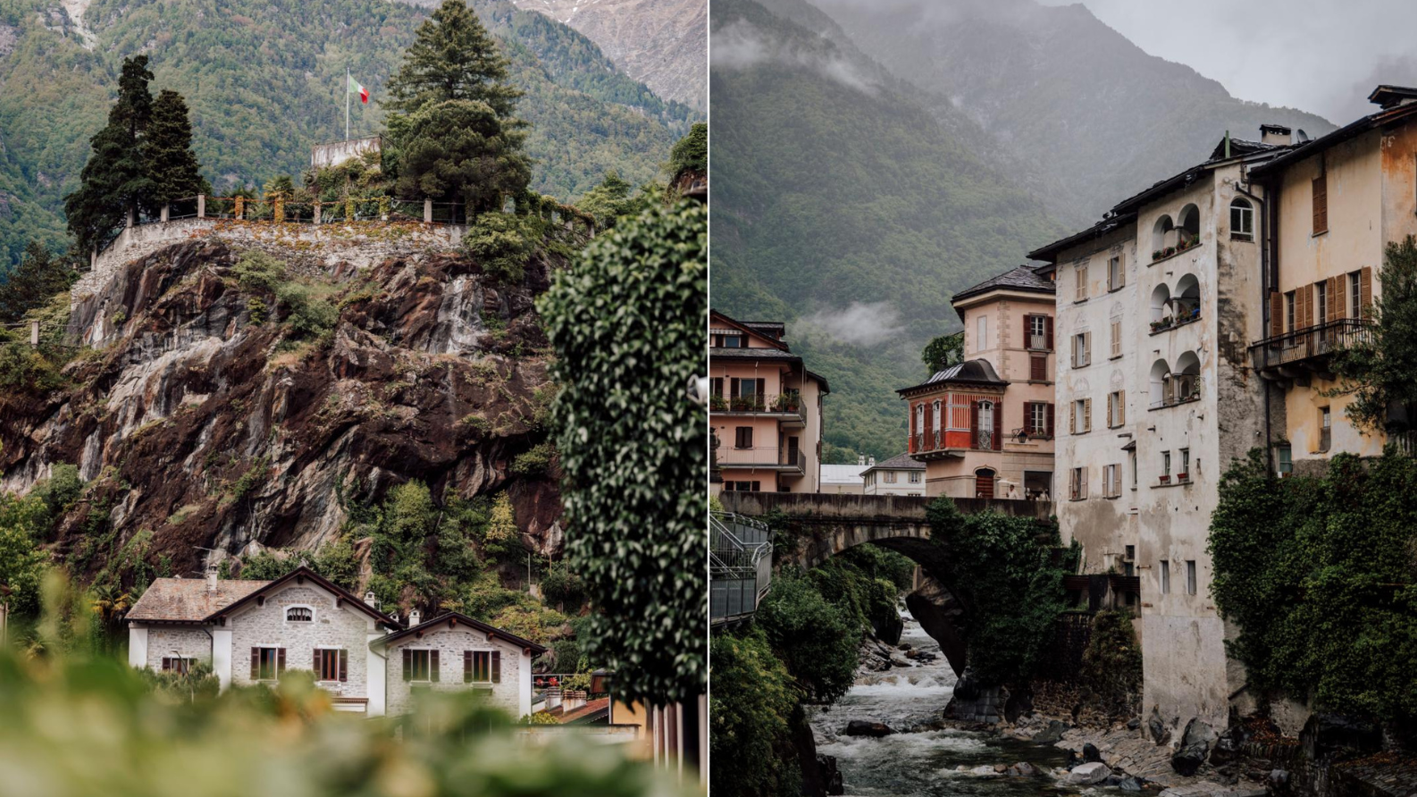 Historische bebouwing en brug over de Mera in Chiavenna, met uitzicht op de bergen van Valchiavenna