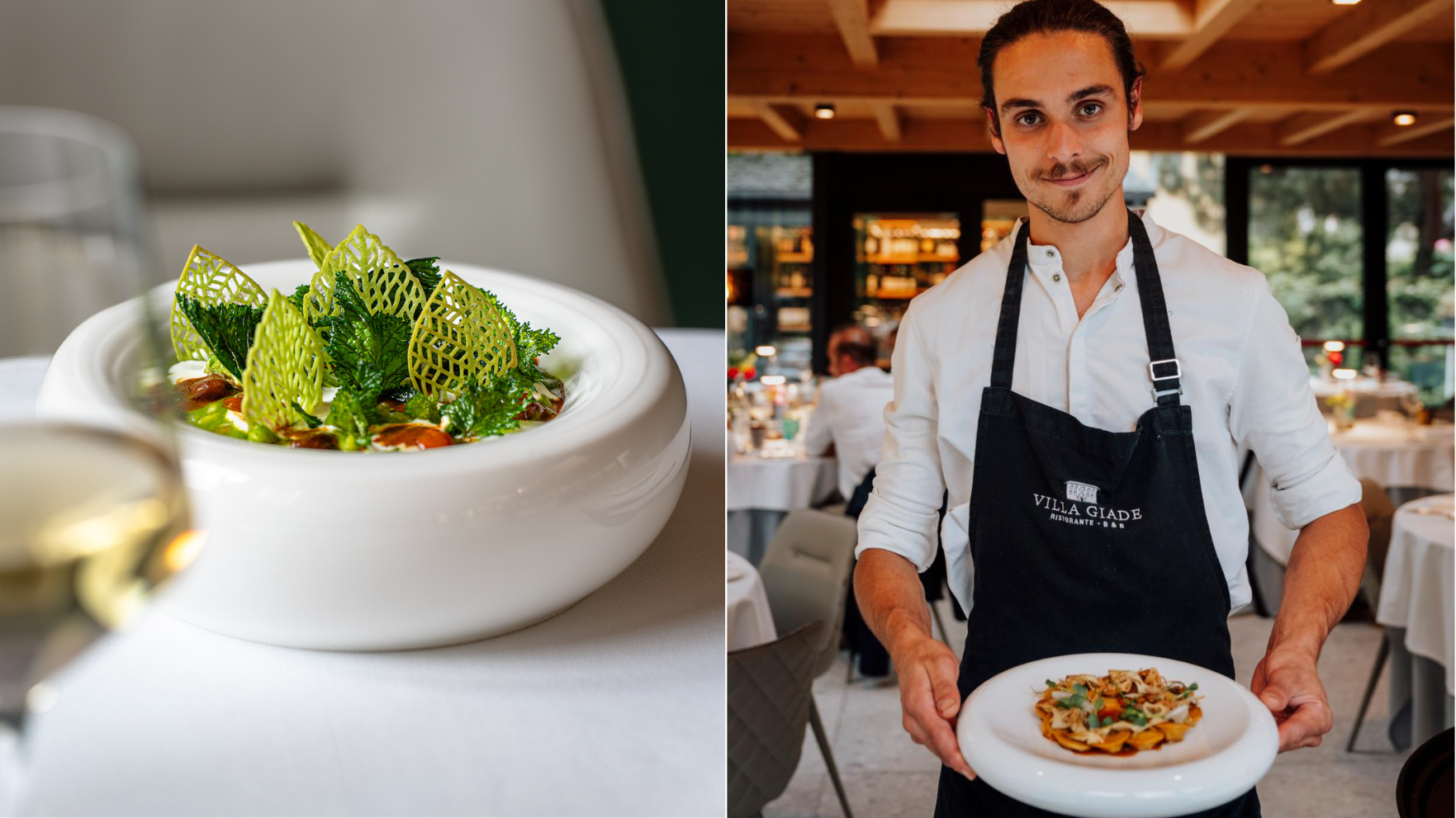 Chef serveert een verfijnd gerecht in restaurant Villa Giade in Valchiavenna, Italië