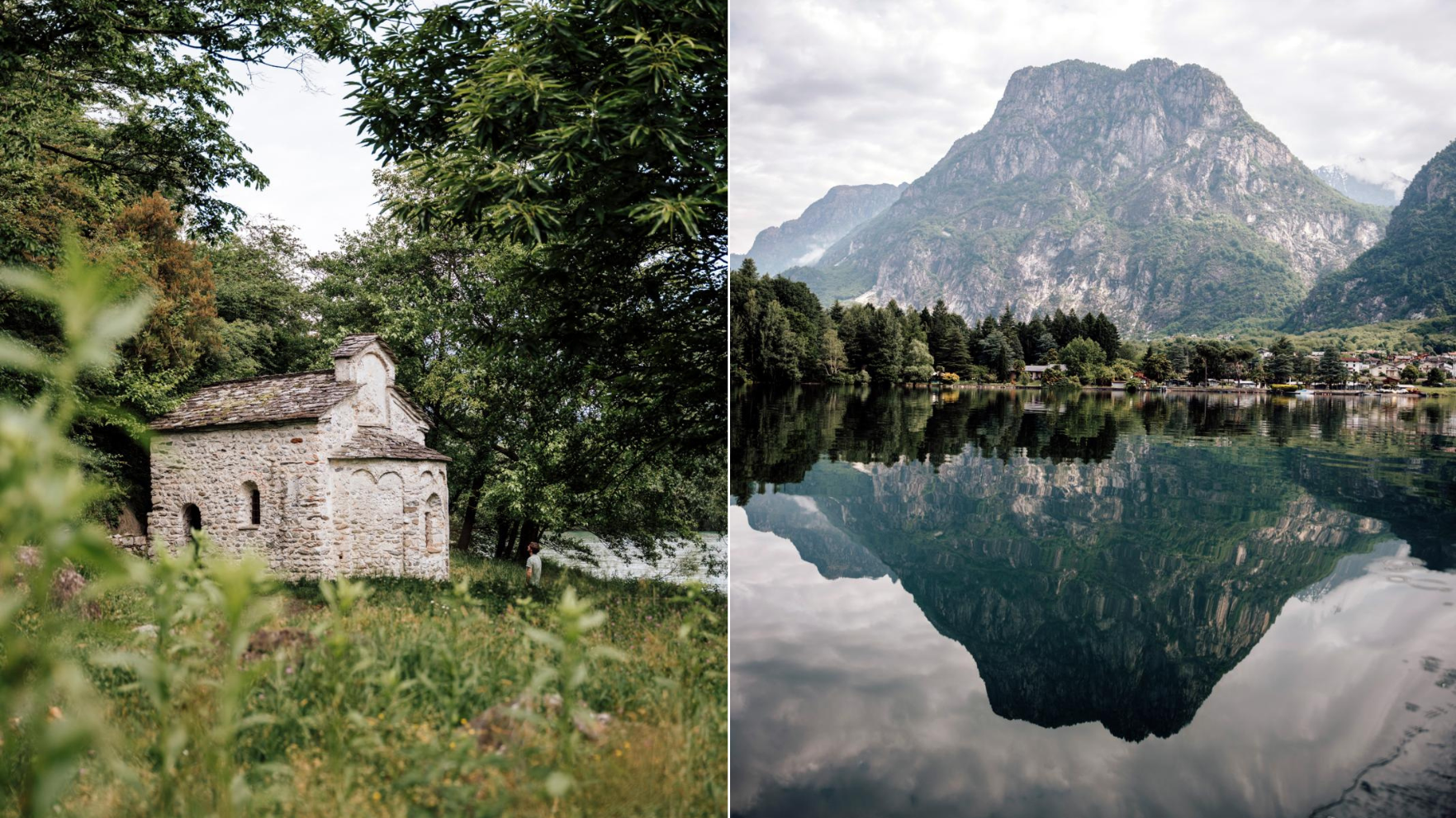 Historische kapel en uitzicht op Lago di Mezzola met bergen in Valchiavenna, Lombardije