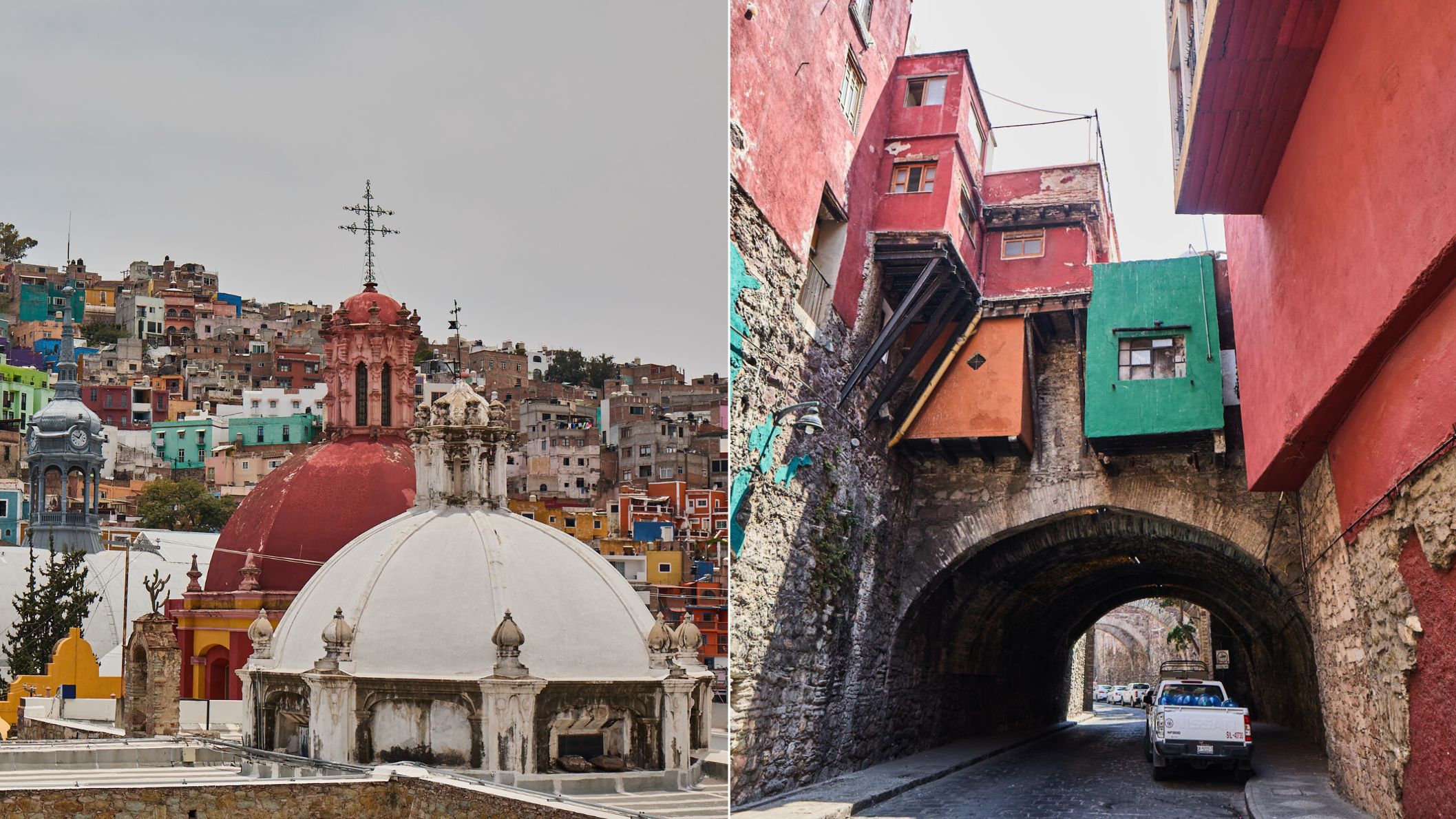 Een collage van de stad Guanajuato met links de koepels van historische kerken tegen een achtergrond van kleurrijke huizen, en rechts een karakteristieke tunnelstraat met opvallende gekleurde gebouwen.