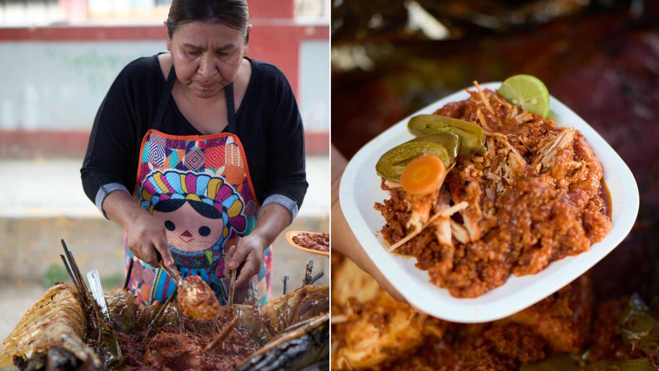 Een Mexicaanse vrouw bereidt traditioneel eten in een kleurrijk schort, met daarnaast een close-up van een bord met authentieke Mexicaanse stoofschotel.