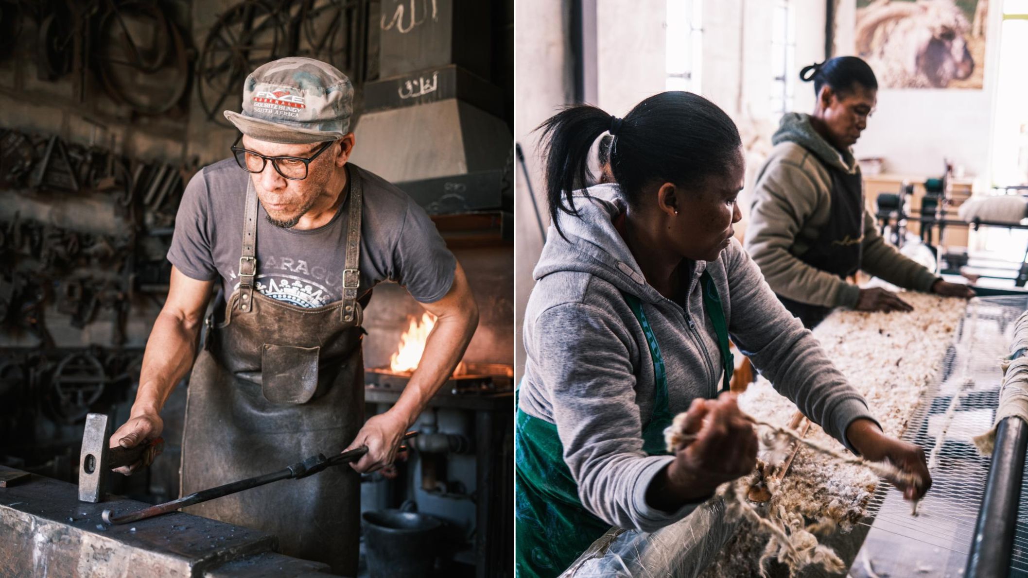 Een collage van twee ambachten in Zuid-Afrika: links een ijzersmid die met een hamer aan een aambeeld werkt bij een vuur, en rechts twee vrouwen die geconcentreerd bezig zijn met het weven van wol.