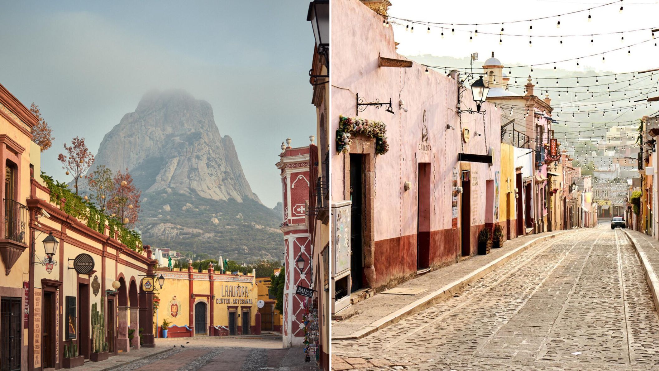 Sfeervol straatbeeld van het Mexicaanse dorp Peña de Bernal met kleurrijke koloniale gebouwen en de imposante Peña de Bernal-monoliet op de achtergrond.