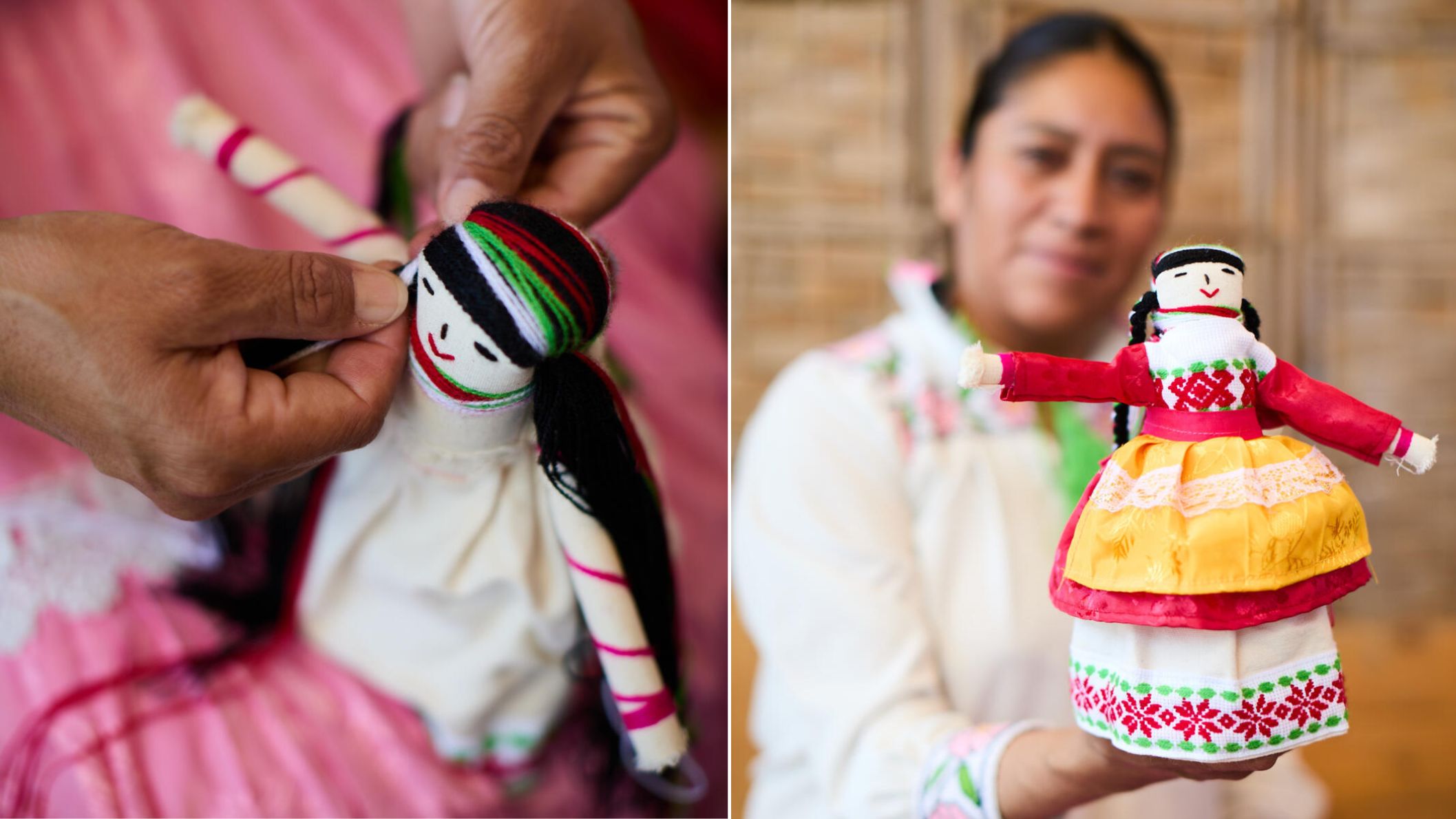 Een Mexicaanse ambachtsvrouw maakt met de hand een traditionele, kleurrijke Muñeca Lele pop van stof, kenmerkend voor de Mexicaanse cultuur en folklore.