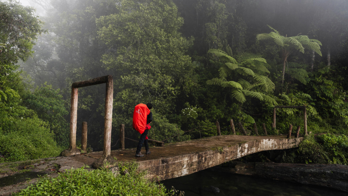 Een wandelaar met een rode backpack steekt een stenen brug over in een mistig regenwoud bij Gunung Tujuh, Kerinci, Sumatra.