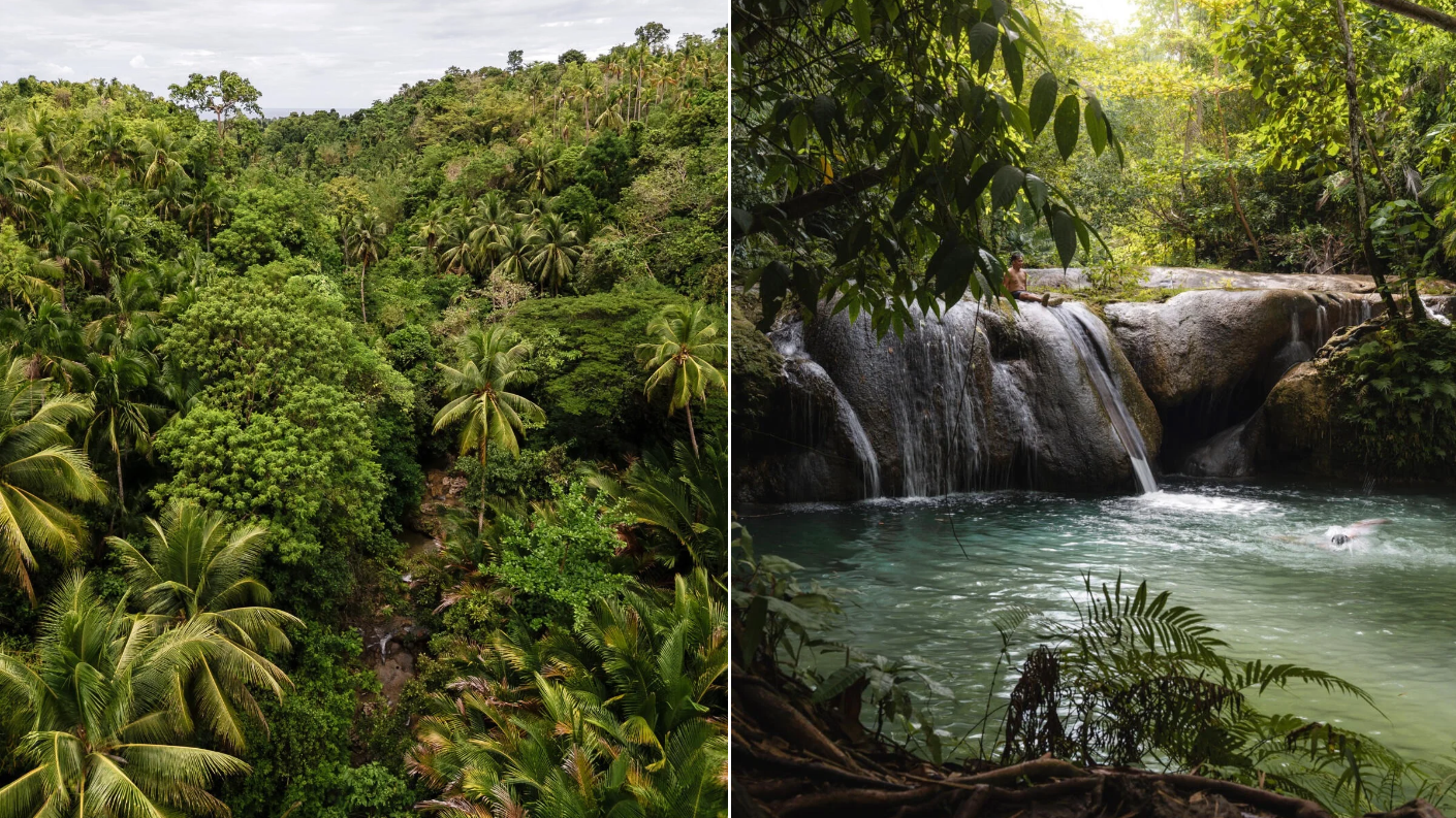 Weelderige jungle en de natuurlijke glijbaan bij de Laga-An-waterval op het Filipijnse eiland Siquijor.