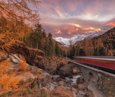 De Bernina Express rijdt langs de kleurrijke herfstbossen, Morteratsch, Engadin, kanton Graubünden, Zwitserland