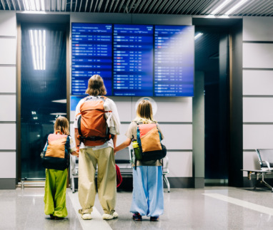 Een gezin bekijkt de vluchten op het vertrekbord op de luchthaven