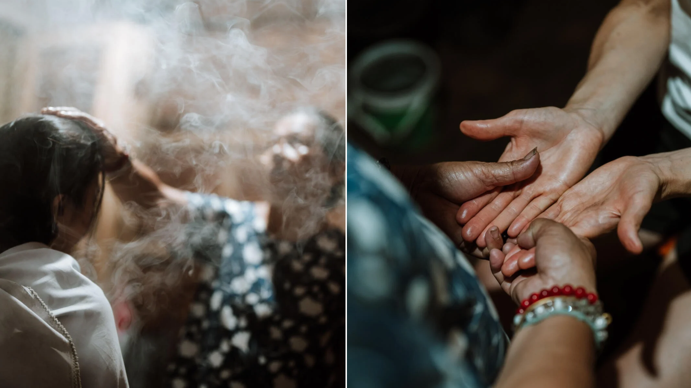 Traditionele healer Juanita voert een ritueel met rook uit en legt handen op in de Filipijnen.