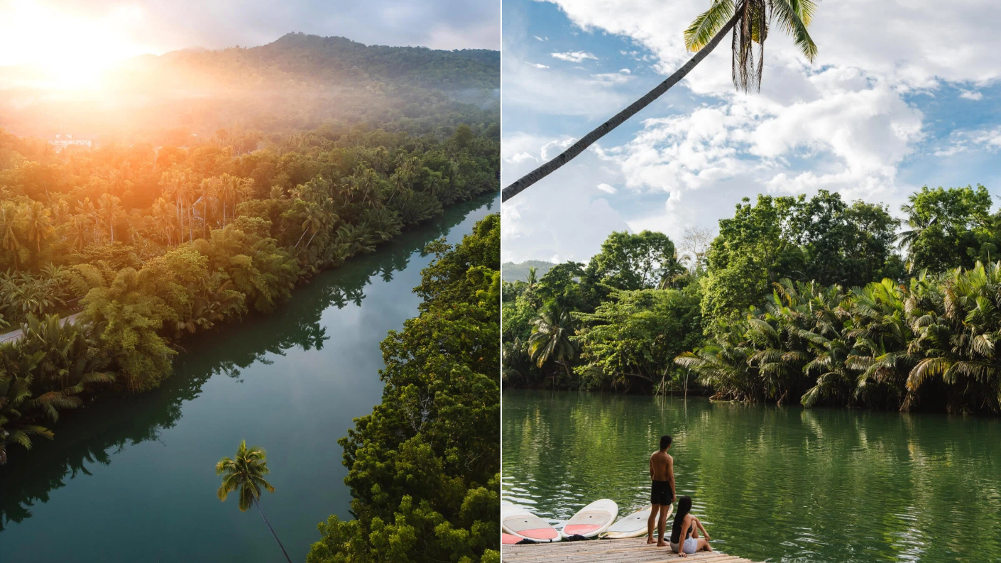 Zonsopgang over de groene jungle en reizigers met supboards bij de Loboc-rivier op Bohol.