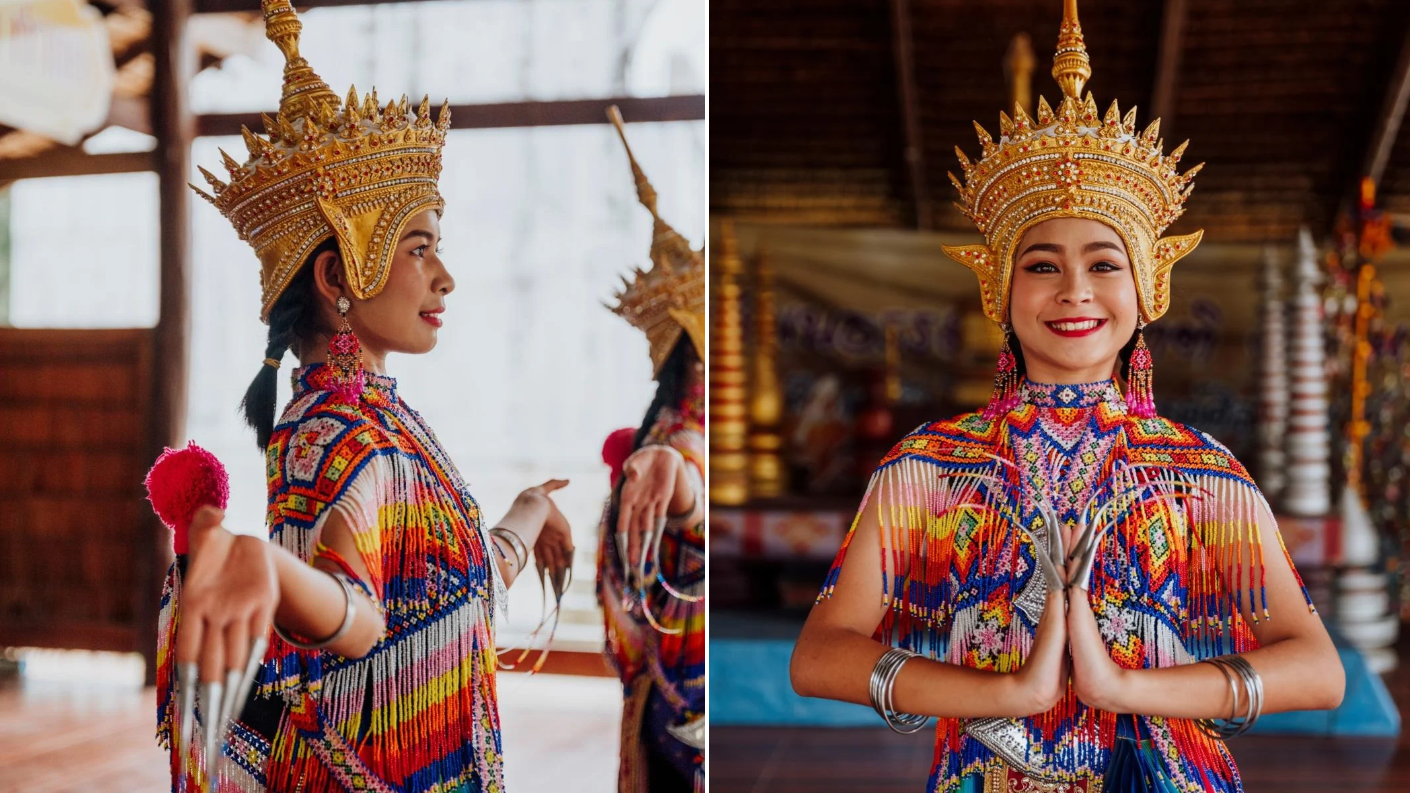 Traditionele Nora-danseres in kleurrijke klederdracht en gouden hoofdtooi in Thailand.