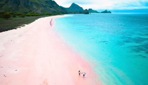 Luchtfoto van Pink Beach, Nationaal Park Komodo, Flores, Indonesië