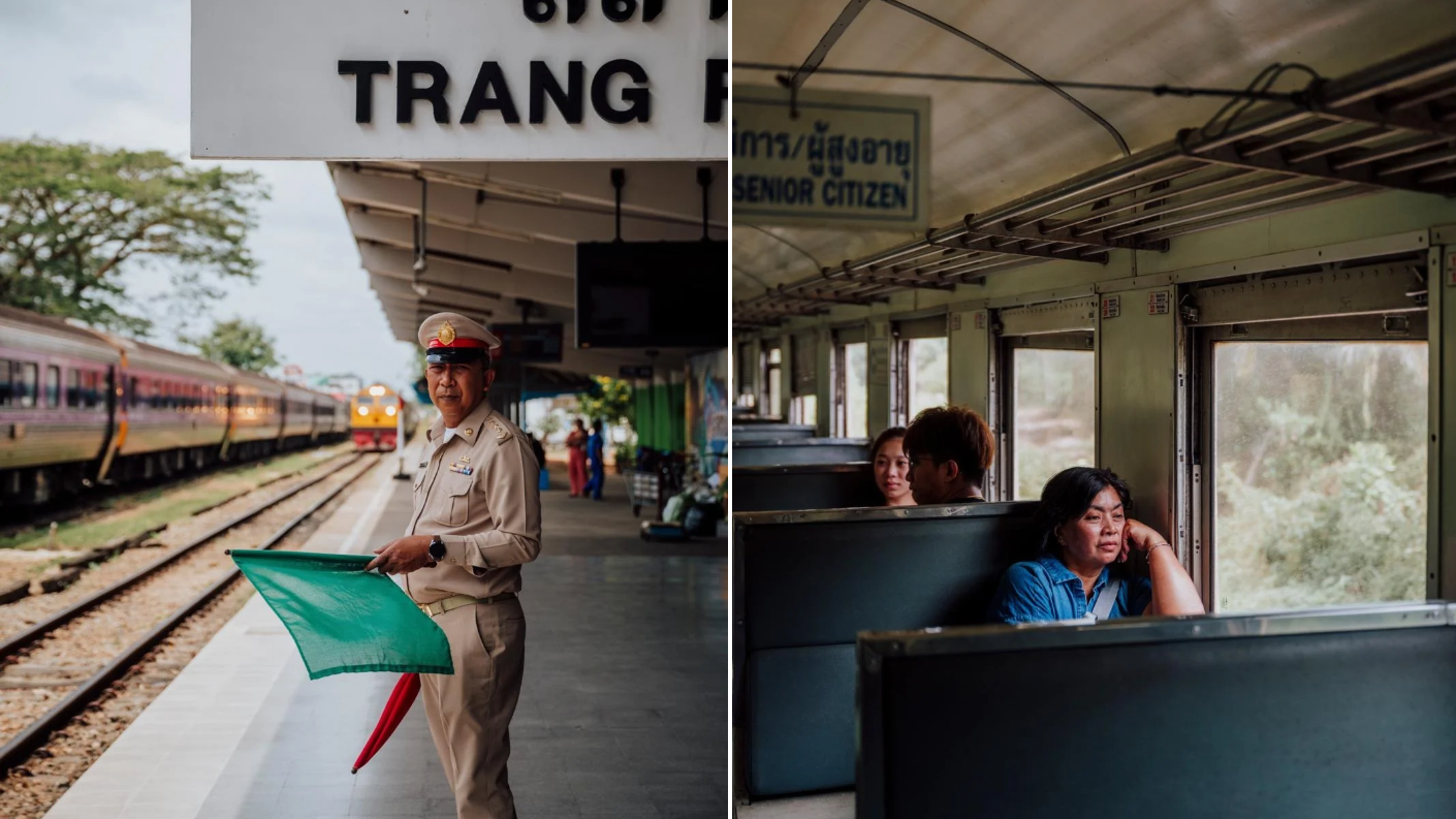 Treincoördinator met groene vlag op station Trang en passagiers in de trein vanaf Kantang in Thailand.