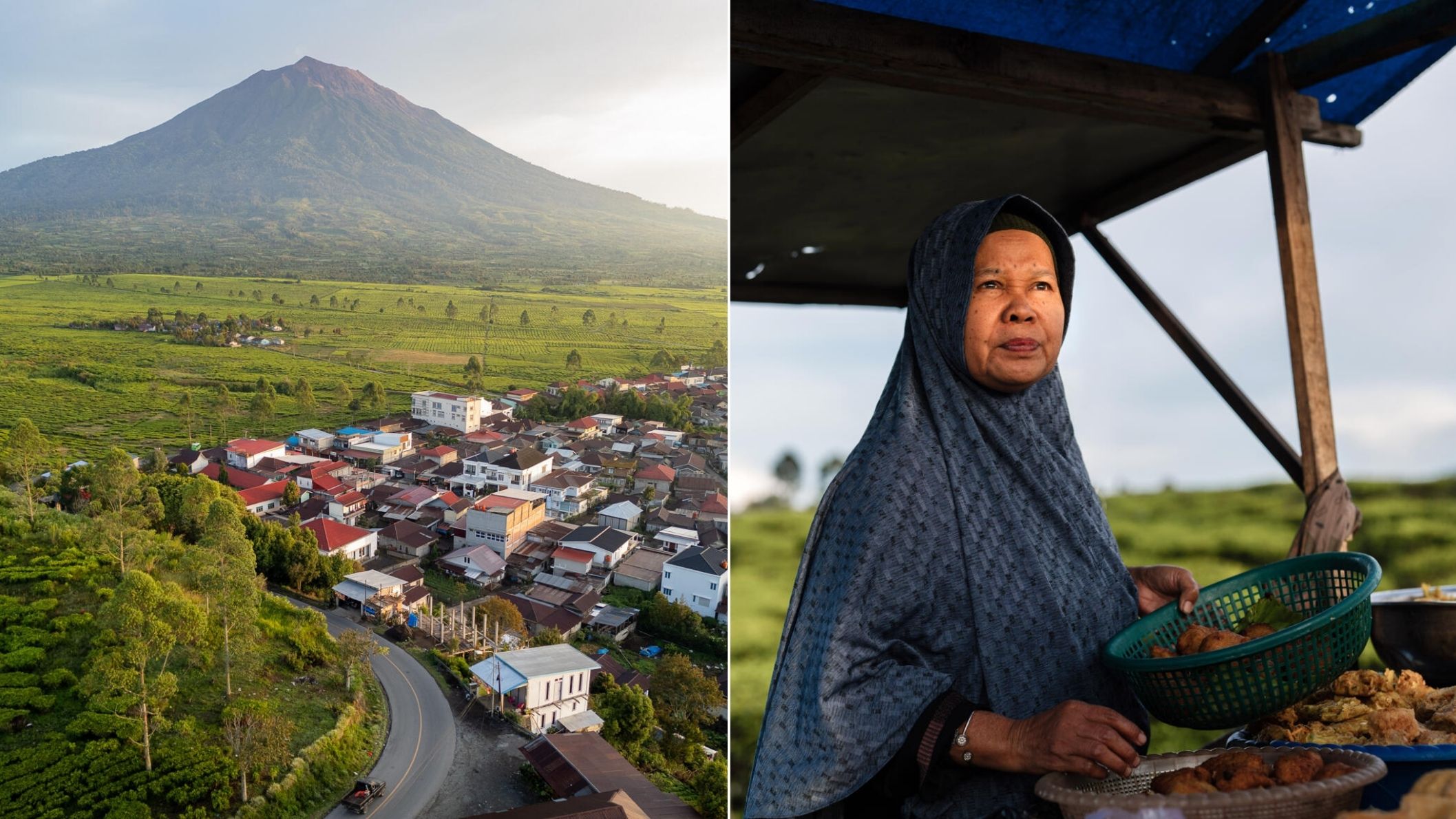 Diptiek van een dorp en theevelden bij de Kerinci-vulkaan en een portret van een lokale vrouw met snacks, Sumatra.
