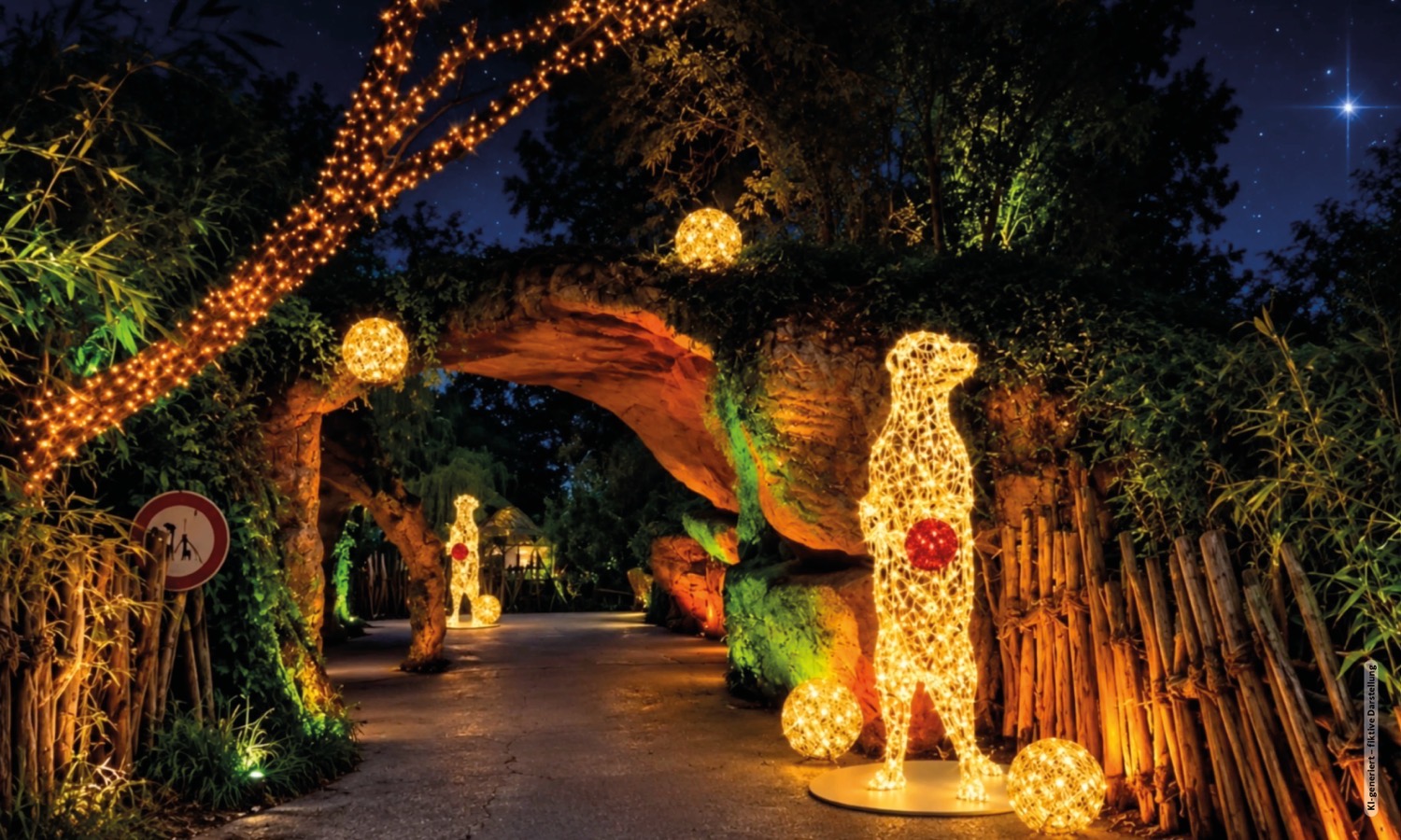 Naast de sfeervolle kerstmarkten in Hannover in de oude binnenstad en voor het centraal station (23 november tot en met 22 of 30 december 2026), is de ZooLights in de Erlebnis-Zoo Hannover een absolute wintertip. Foto: Erlebnis Zoo Hannover (AI)