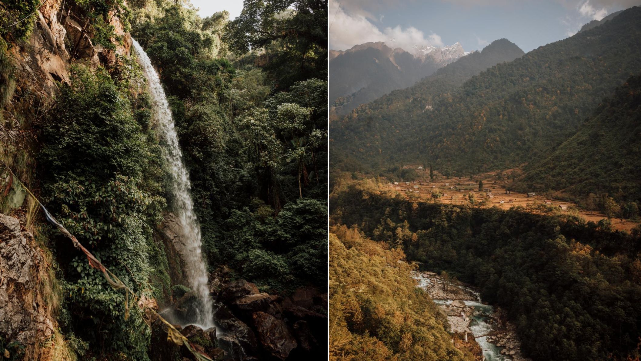 Het Himalaya gebergte in Sikkim: links een waterval die naar beneden stort langs weelderige groene begroeiing, rechts een uitgestrekt berglandschap met een rivier en een klein dorpje in de vallei.