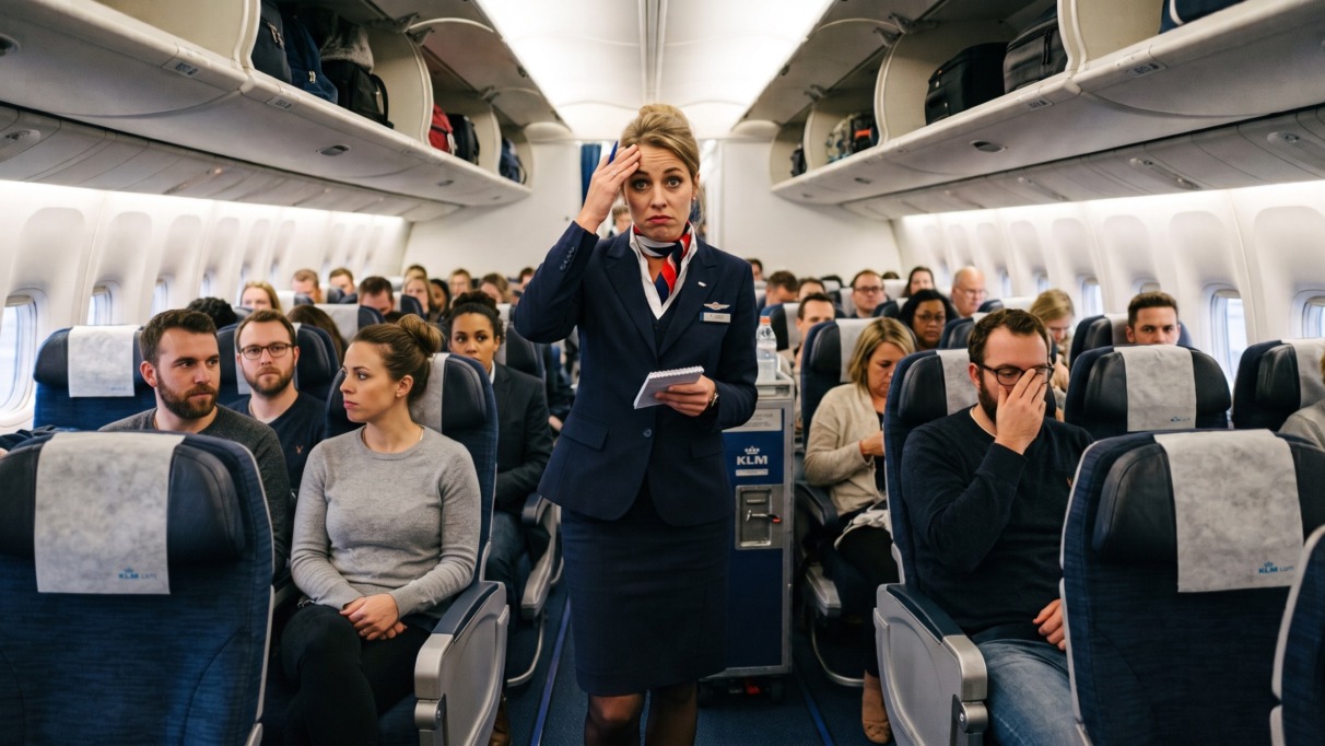 Stewardess staat wanhopig in gangpad vliegtuig