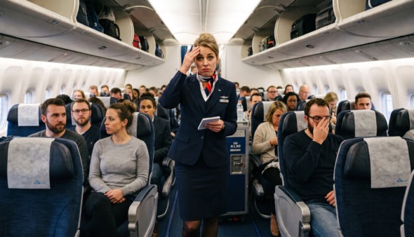 Stewardess staat wanhopig in gangpad vliegtuig