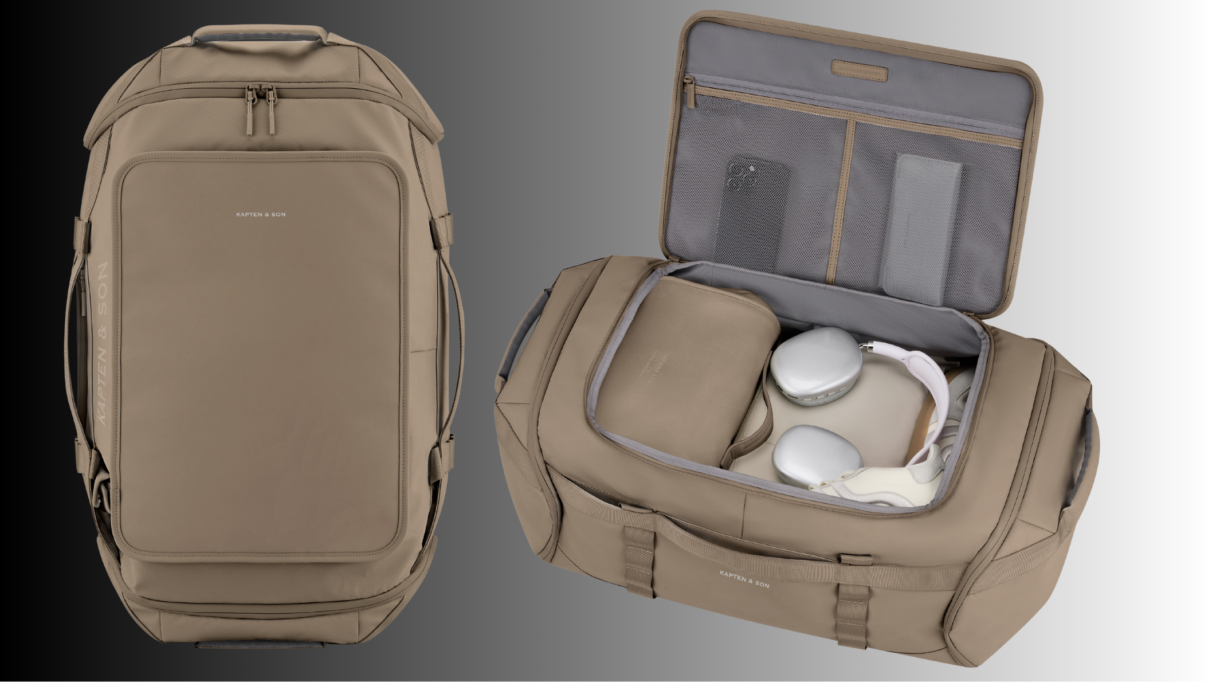 Beige Lisbon Duffle Backpack van Kapten & Son als rugzak en geopende reistas