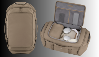 Beige Lisbon Duffle Backpack van Kapten & Son als rugzak en geopende reistas